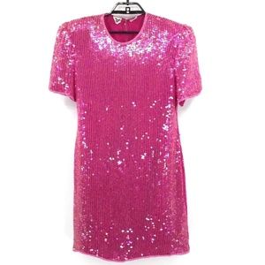 80’s Alexa Hot Pink Sequin Beaded Lined Dress XL